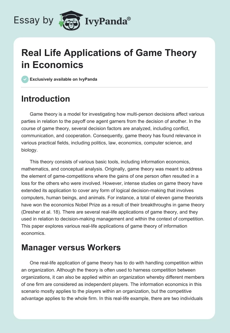Real Life Applications of Game Theory in Economics. Page 1