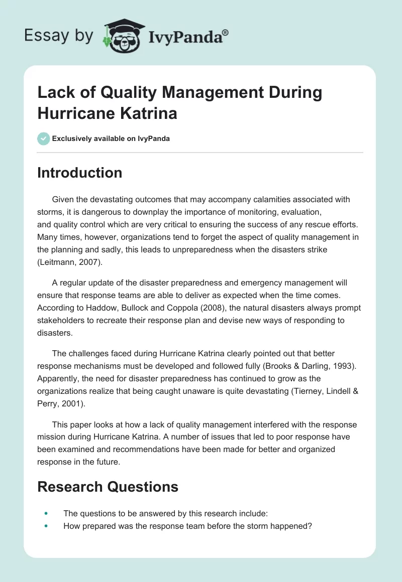 Lack of Quality Management During Hurricane Katrina. Page 1