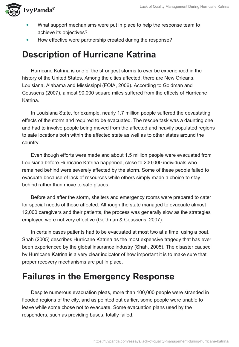 Lack of Quality Management During Hurricane Katrina. Page 2
