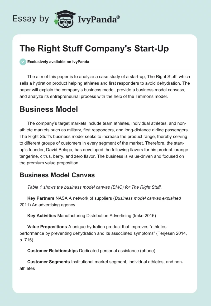 The Right Stuff Company's Start-Up. Page 1
