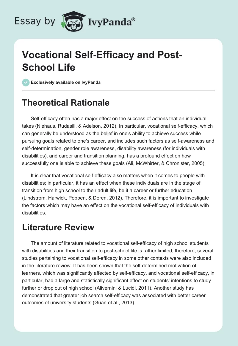 Vocational Self-Efficacy and Post-School Life. Page 1