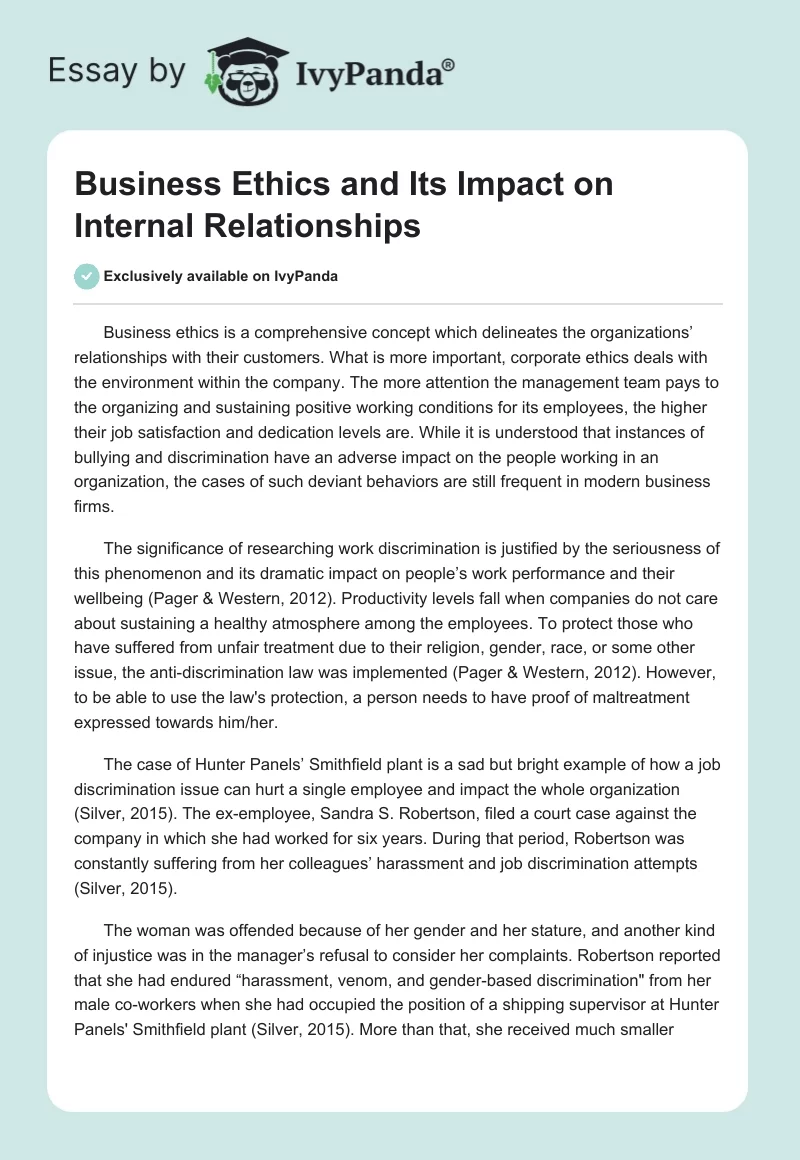 Business Ethics and Its Impact on Internal Relationships. Page 1