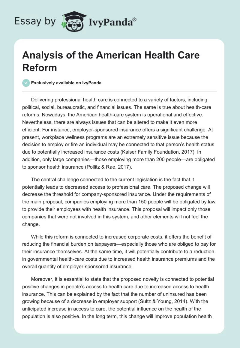 Analysis of the American Health Care Reform. Page 1