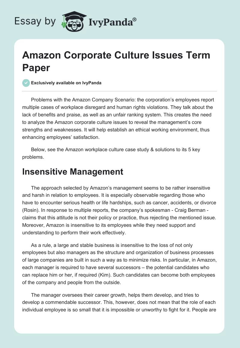 Amazon Corporate Culture Issues Term Paper. Page 1