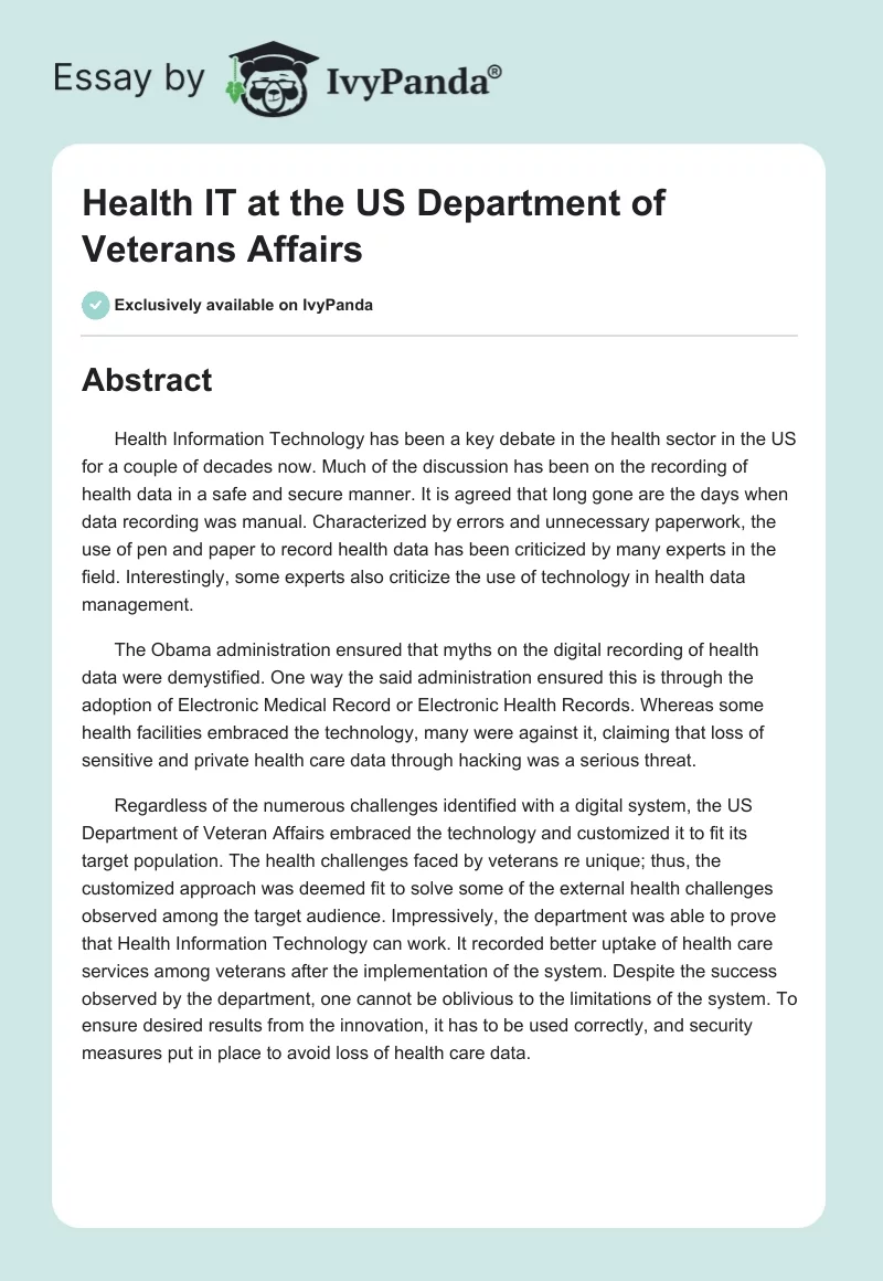 Health IT at the US Department of Veterans Affairs. Page 1