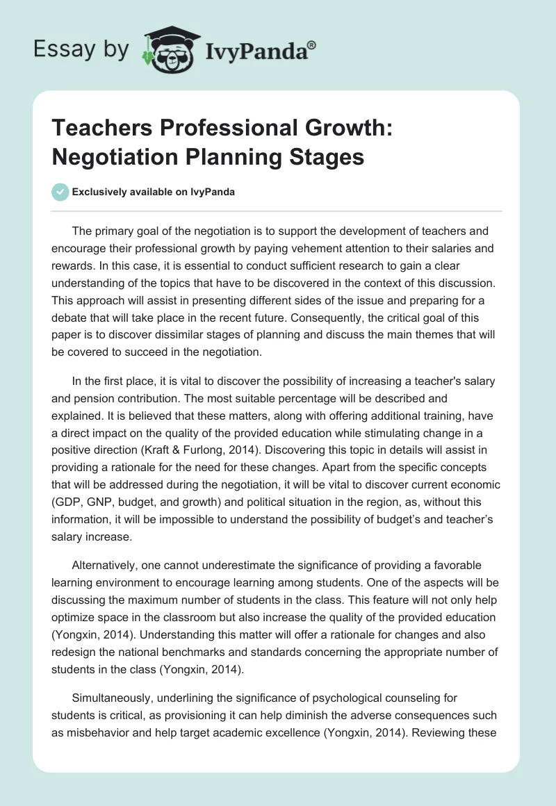 Teachers Professional Growth: Negotiation Planning Stages. Page 1