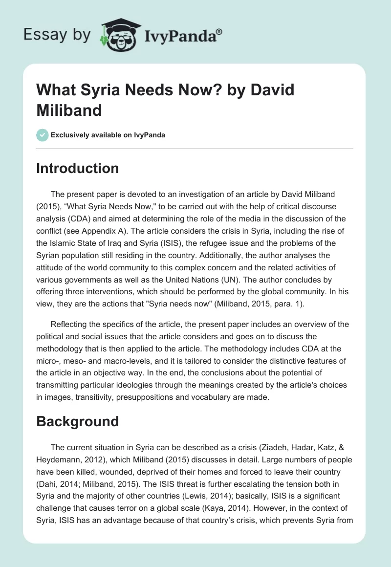 "What Syria Needs Now?" by David Miliband. Page 1