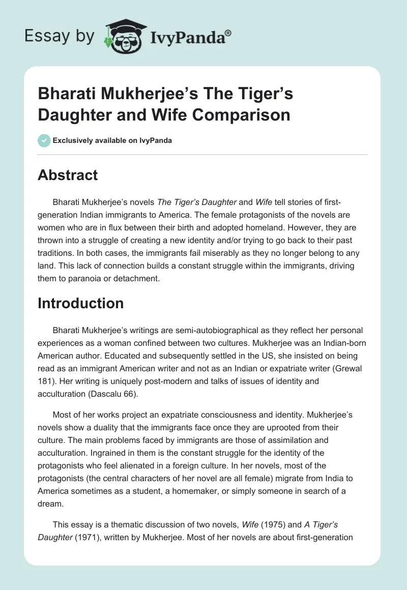 Bharati Mukherjee’s "The Tiger’s Daughter" and "Wife" Comparison. Page 1