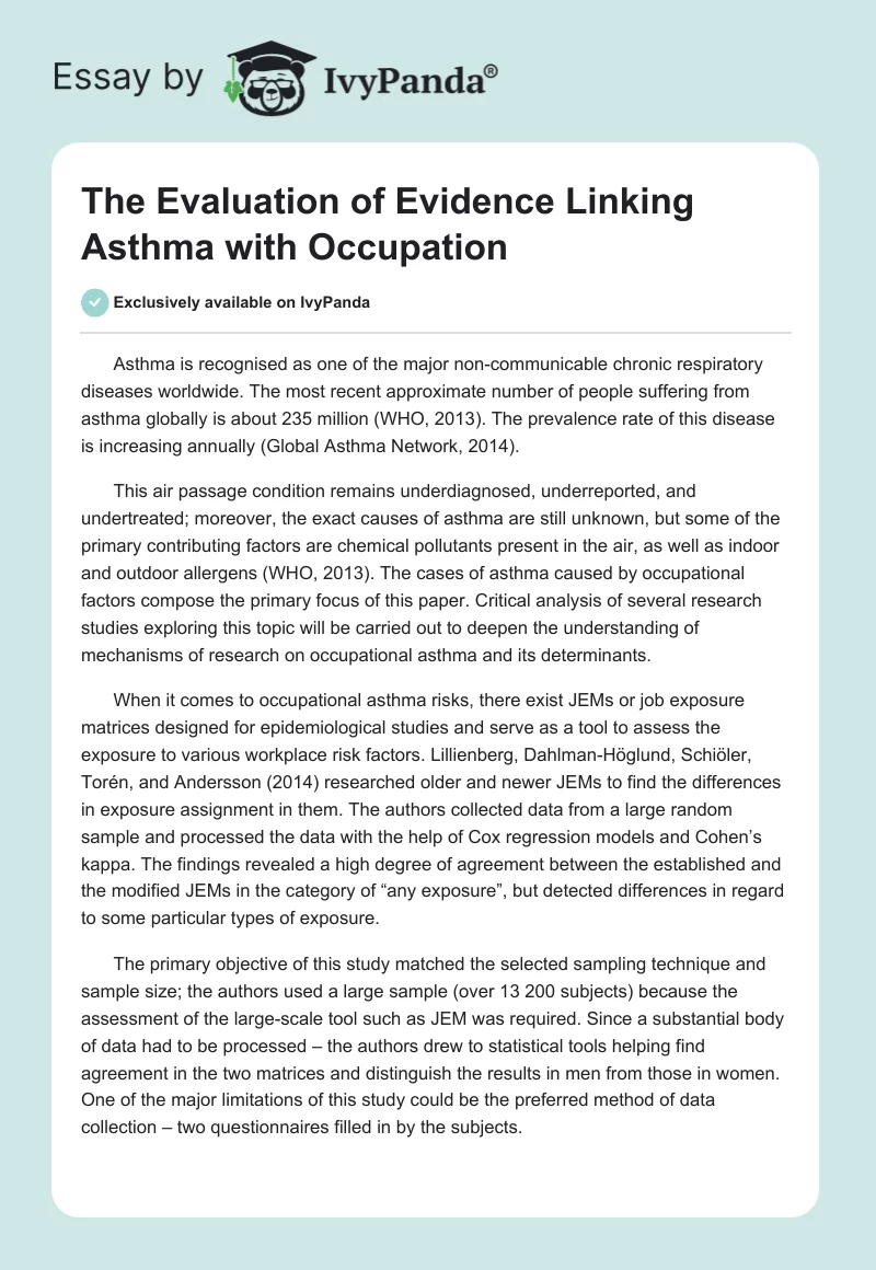 The Evaluation of Evidence Linking Asthma With Occupation. Page 1