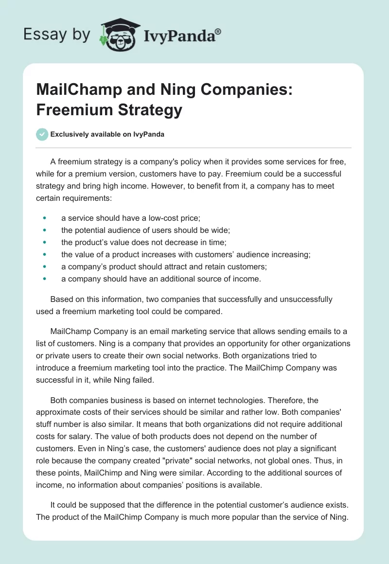 MailChamp and Ning Companies: Freemium Strategy. Page 1