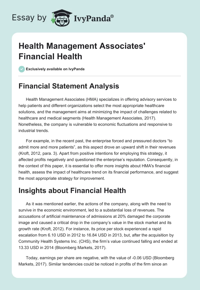 Health Management Associates' Financial Health. Page 1