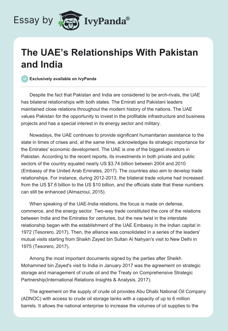 The UAE’s Relationships With Pakistan and India. Page 1