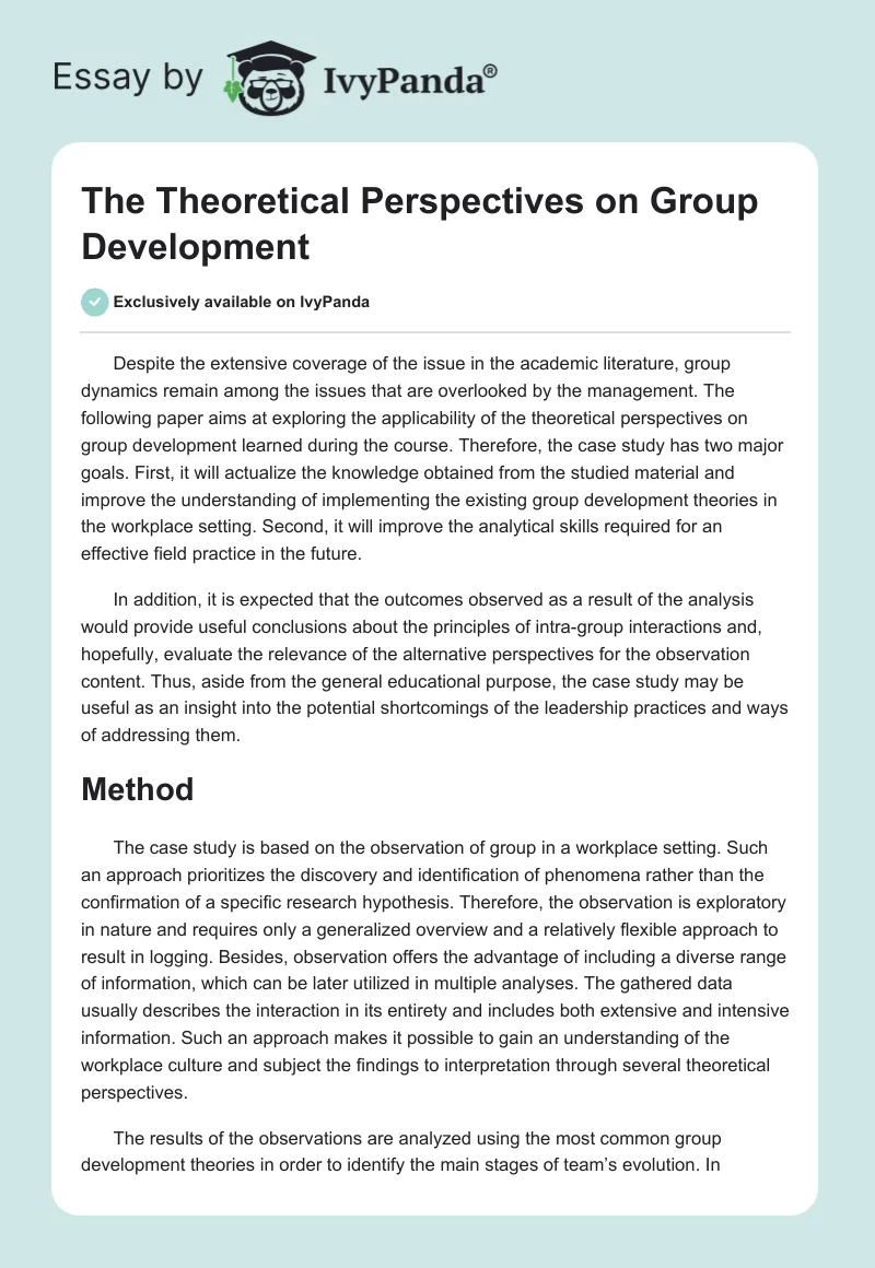 The Theoretical Perspectives on Group Development. Page 1
