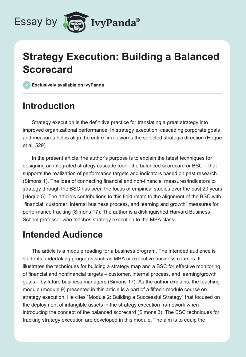 Strategy Execution: Building a Balanced Scorecard. Page 1