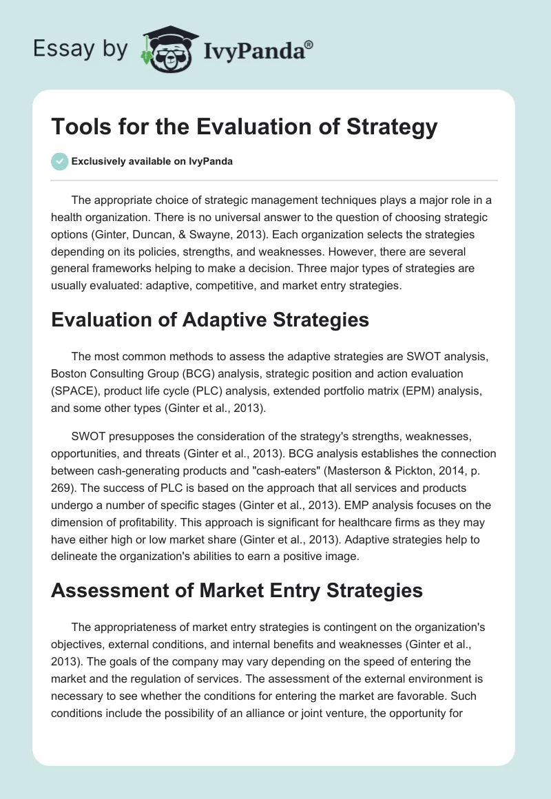 Tools for the Evaluation of Strategy. Page 1