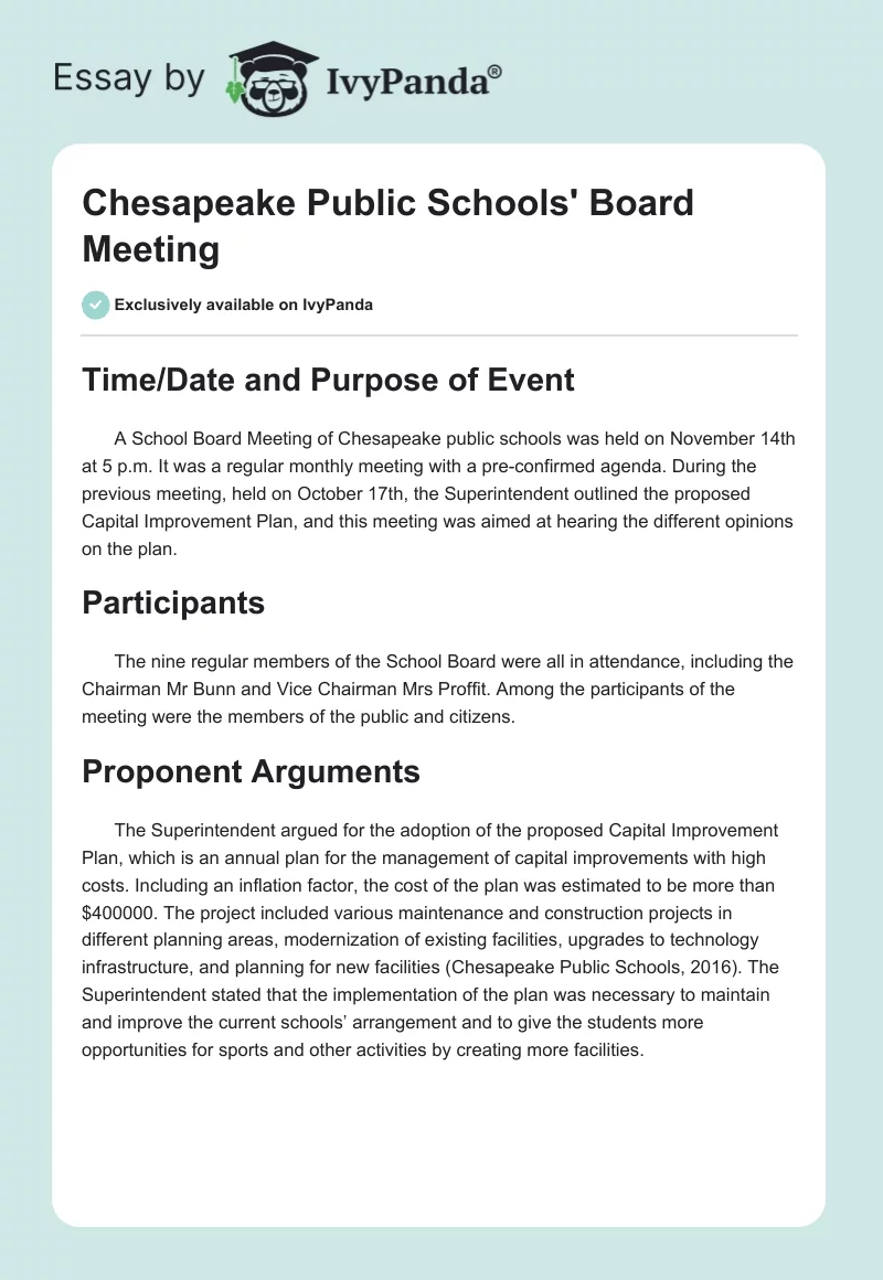 Chesapeake Public Schools' Board Meeting. Page 1