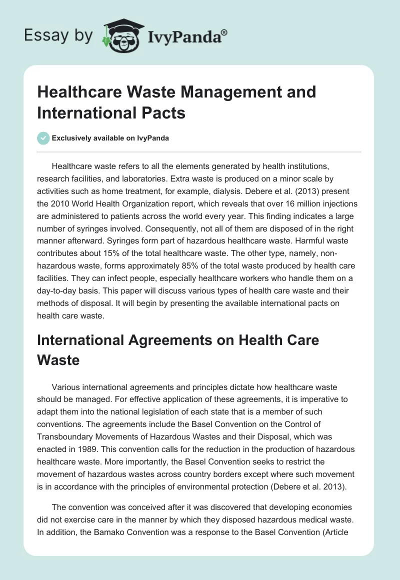 Healthcare Waste Management and International Pacts. Page 1