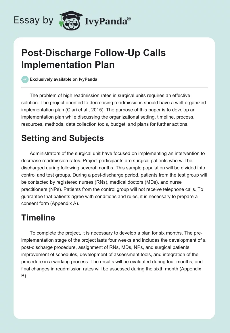 Post-Discharge Follow-Up Calls Implementation Plan. Page 1