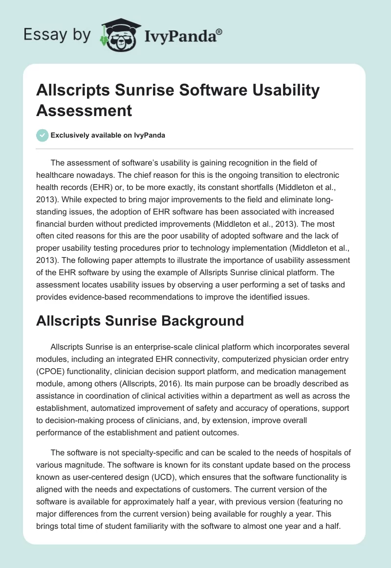 Allscripts Sunrise Software Usability Assessment. Page 1