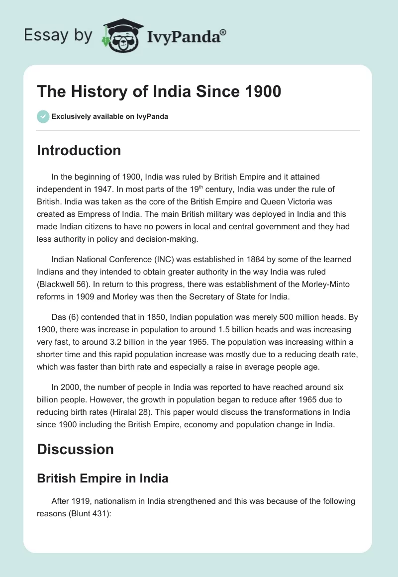 The History of India Since 1900. Page 1
