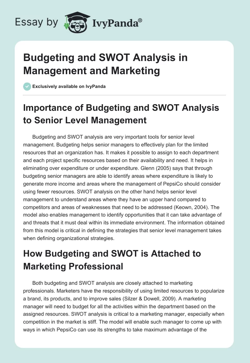 Budgeting and SWOT Analysis in Management and Marketing. Page 1