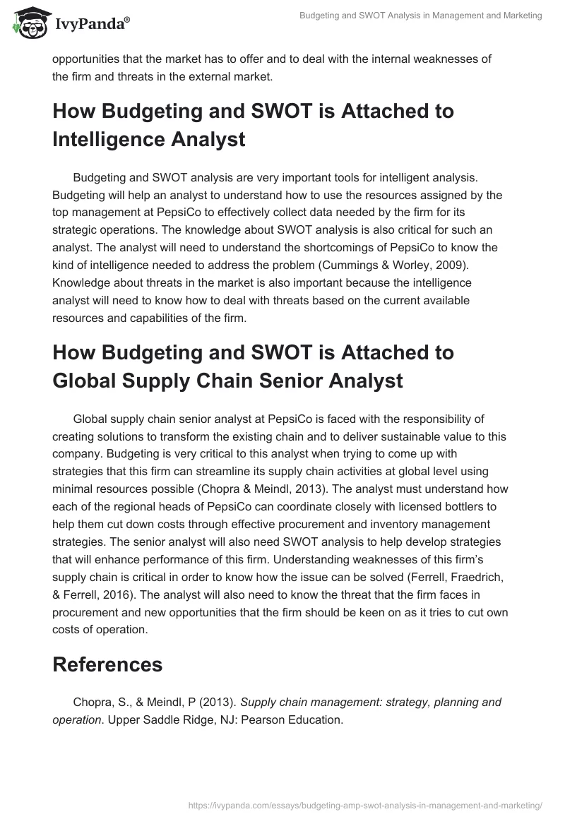 Budgeting and SWOT Analysis in Management and Marketing. Page 2