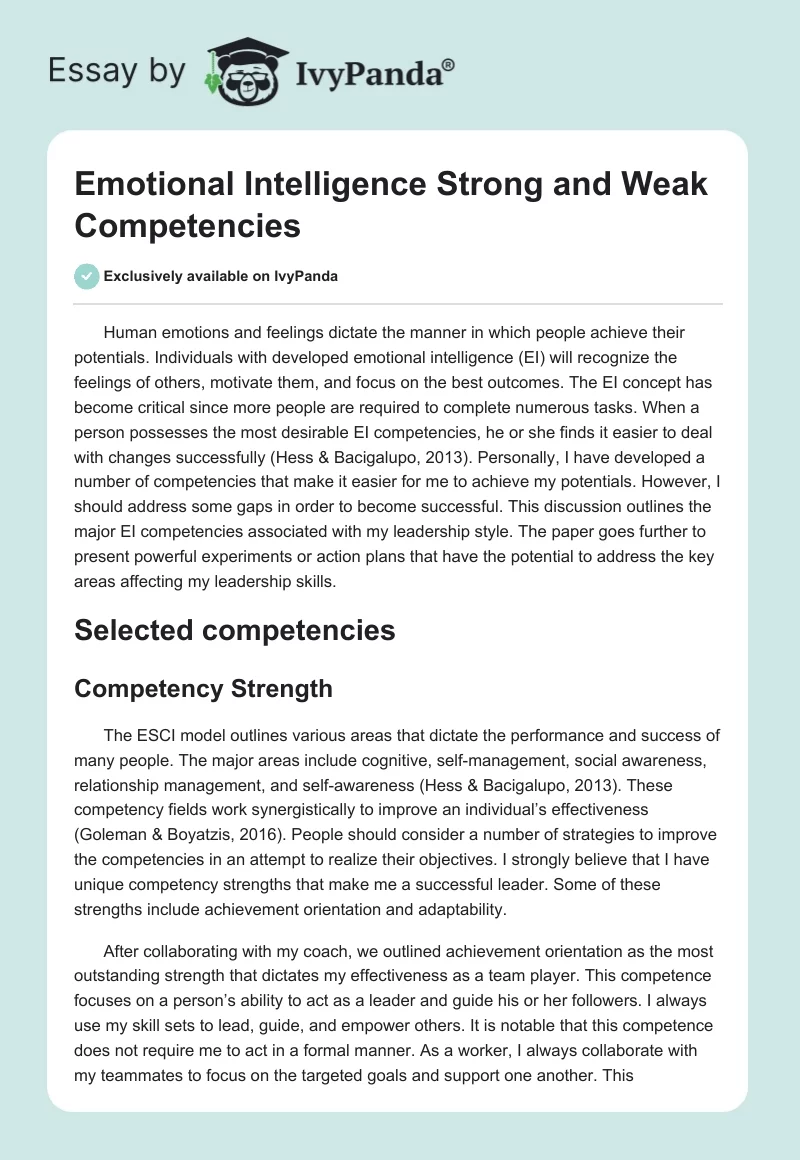 Emotional Intelligence Strong and Weak Competencies. Page 1