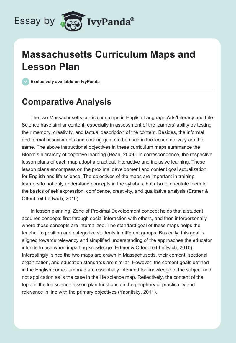 Massachusetts Curriculum Maps and Lesson Plan. Page 1