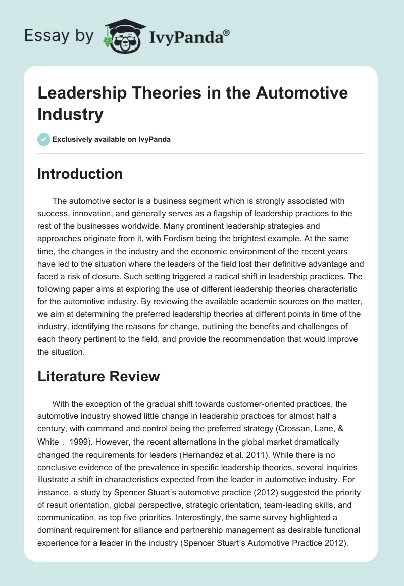 Leadership Theories in the Automotive Industry. Page 1