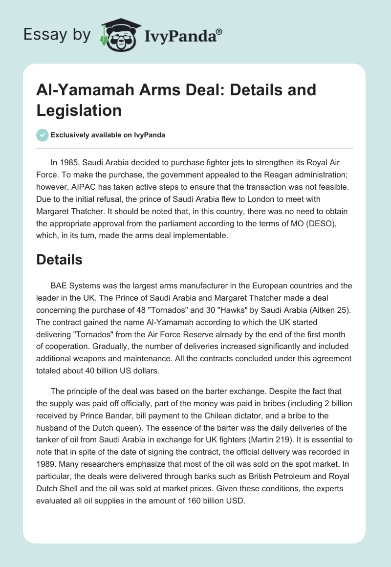 Al-Yamamah Arms Deal: Details and Legislation. Page 1