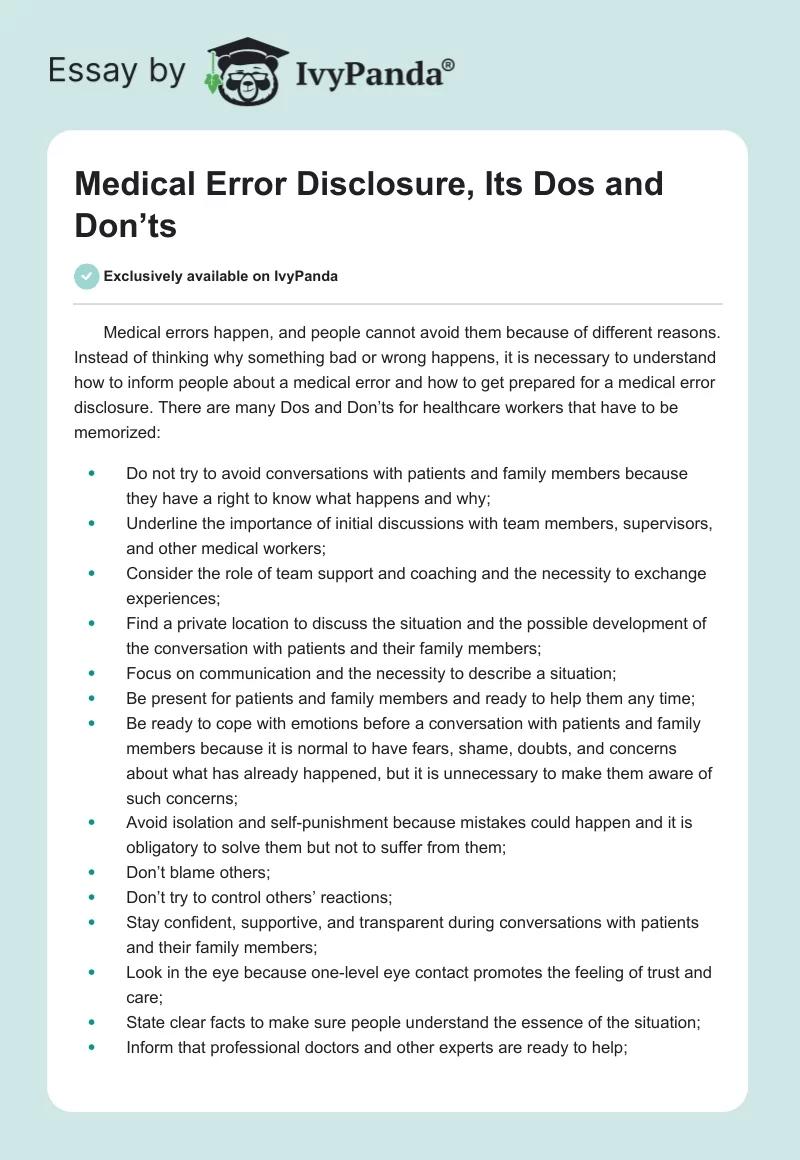 Medical Error Disclosure, Its Dos and Don’ts. Page 1