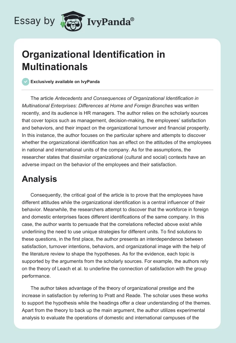 Organizational Identification in Multinationals. Page 1