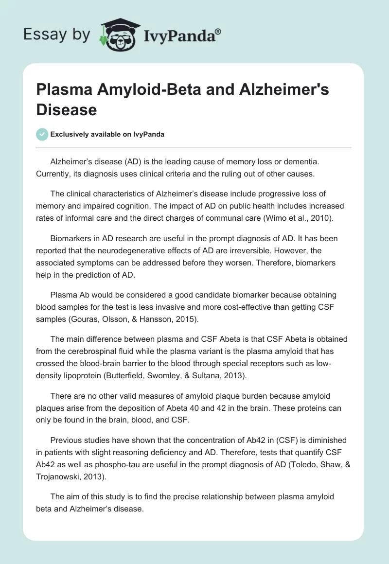 Plasma Amyloid-Beta and Alzheimer's Disease. Page 1