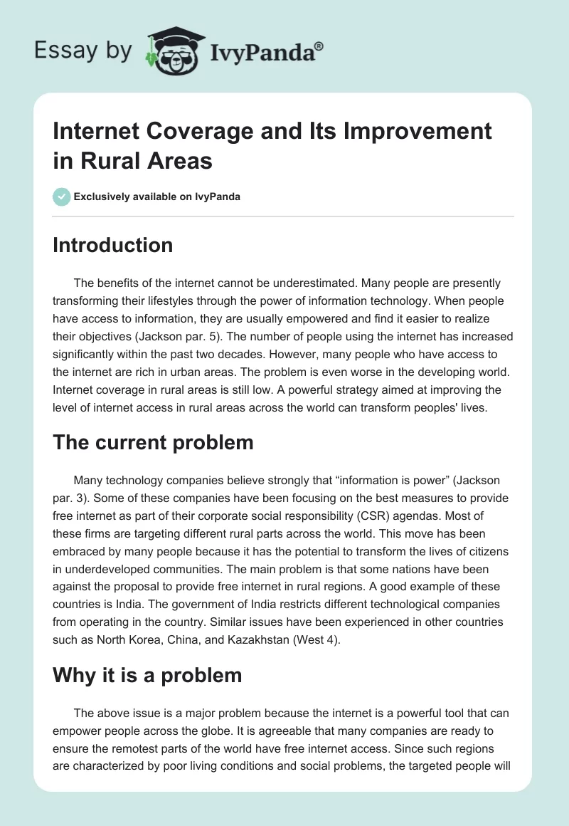 Internet Coverage and Its Improvement in Rural Areas. Page 1
