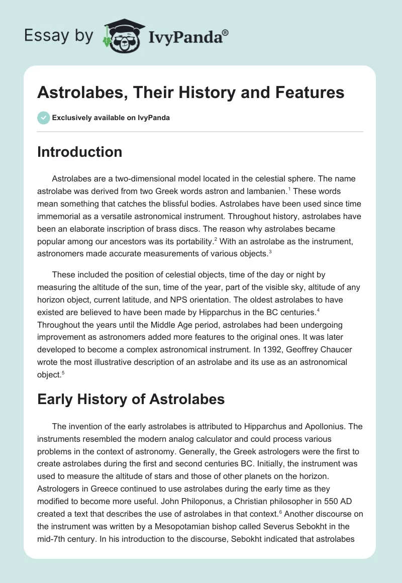 Astrolabes, Their History and Features. Page 1