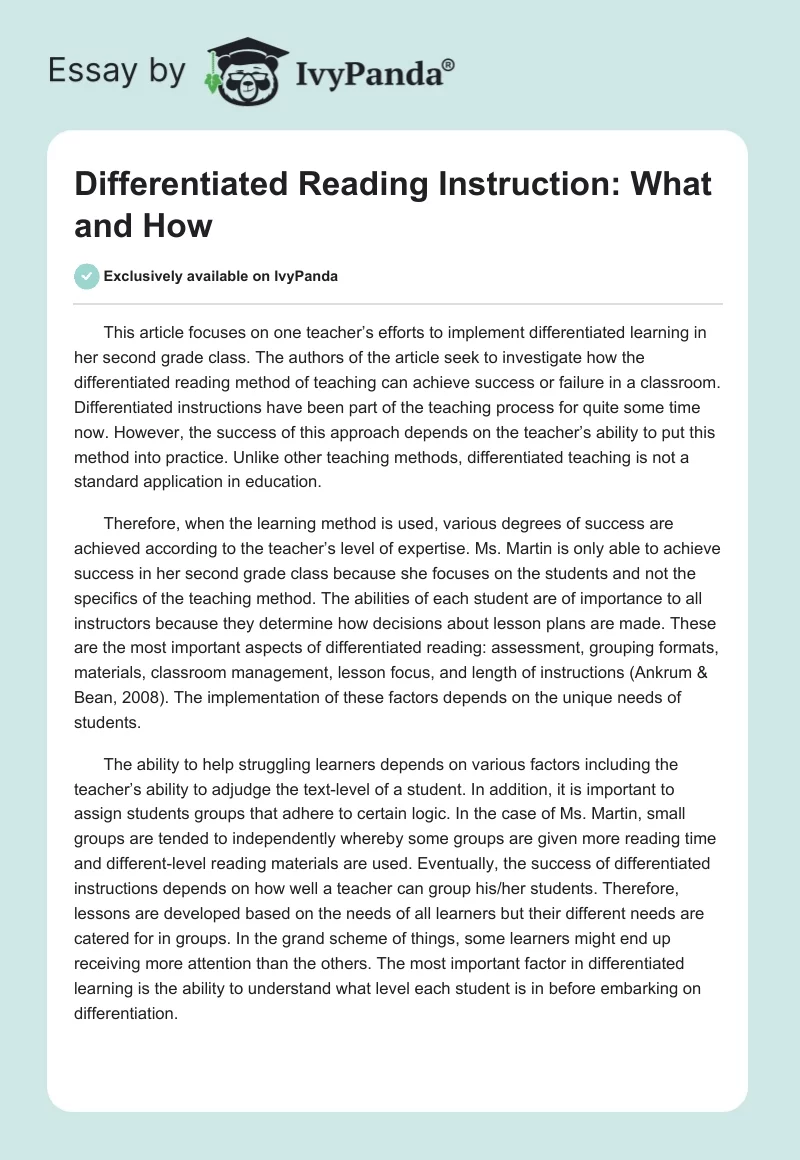 Differentiated Reading Instruction: What and How. Page 1