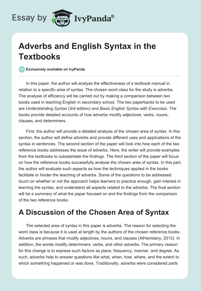 Adverbs and English Syntax in the Textbooks. Page 1