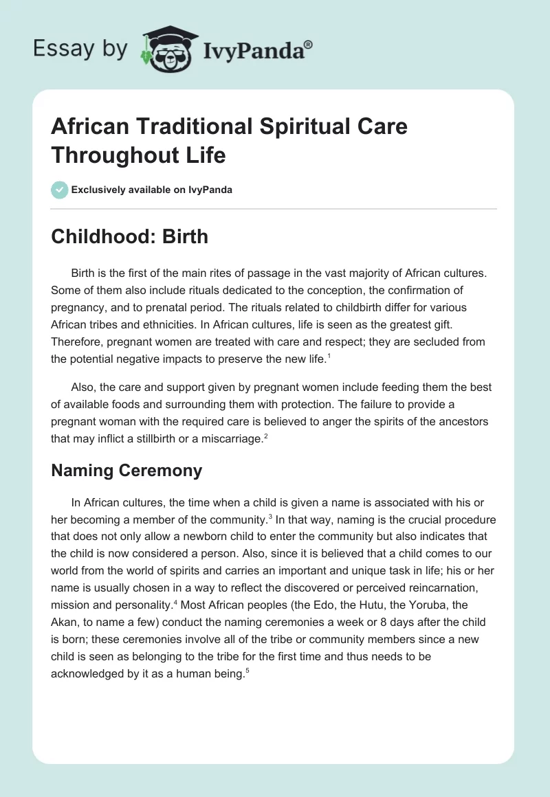 African Traditional Spiritual Care Throughout Life. Page 1