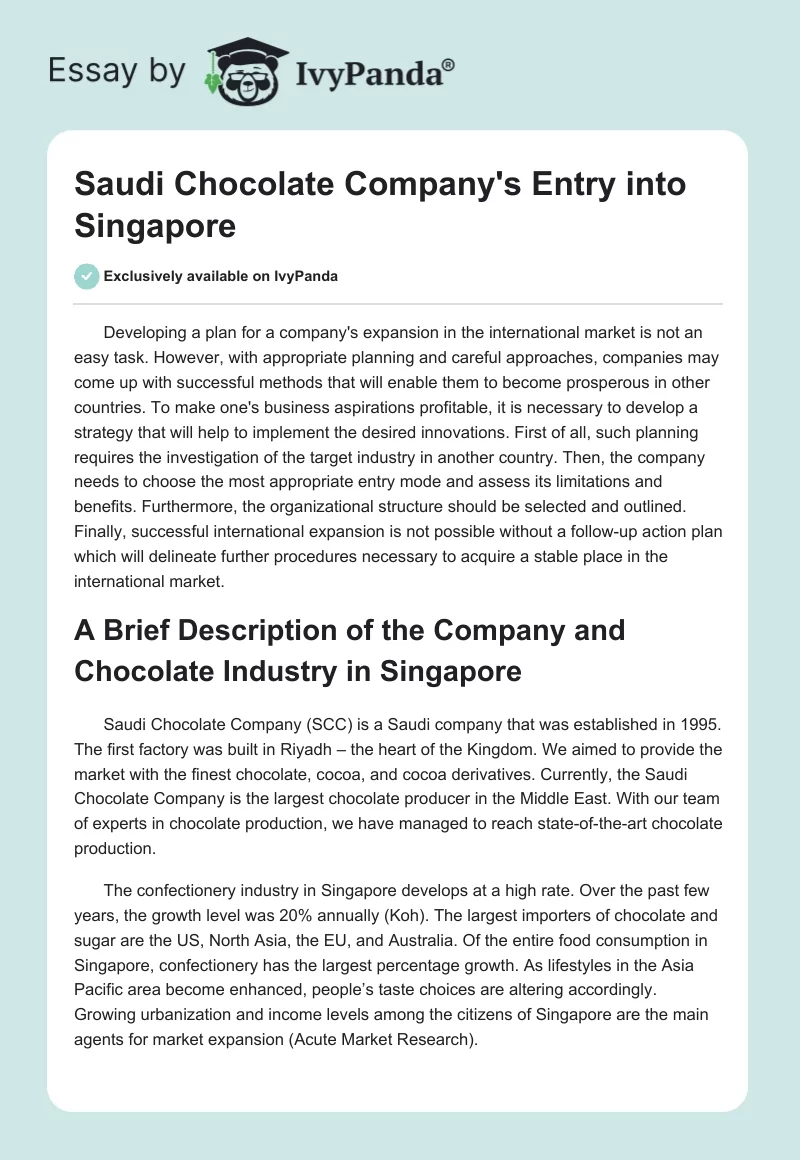Saudi Chocolate Company's Entry into Singapore. Page 1