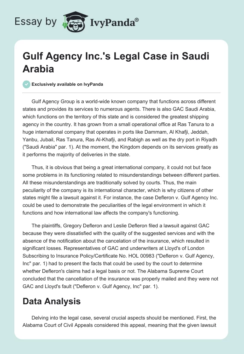 Gulf Agency Inc.'s Legal Case in Saudi Arabia. Page 1