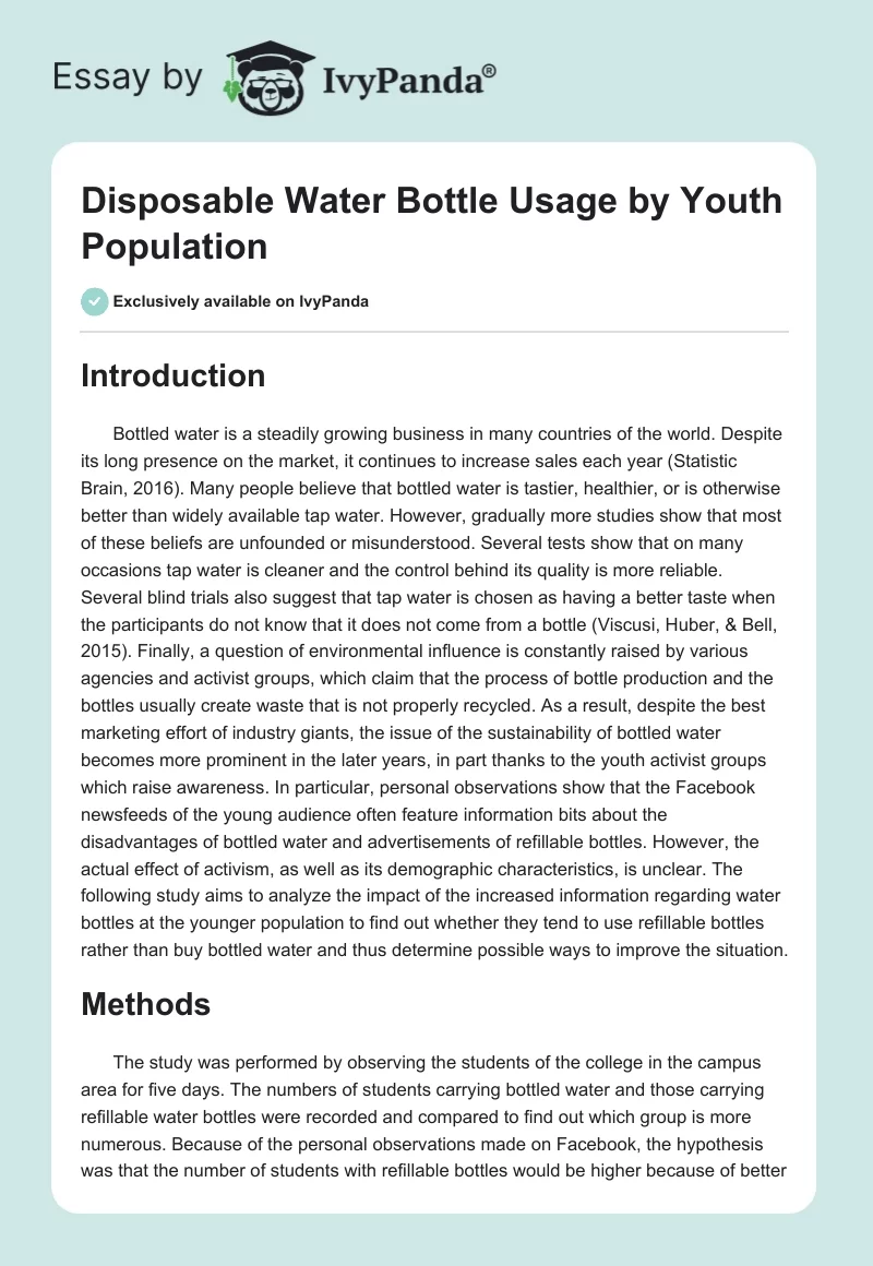 Disposable Water Bottle Usage by Youth Population. Page 1