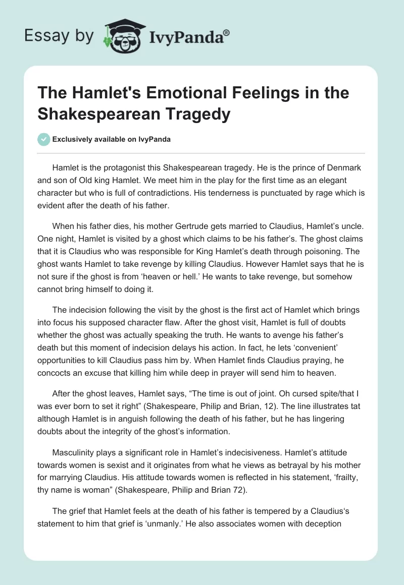 The Hamlet's Emotional Feelings in the Shakespearean Tragedy. Page 1