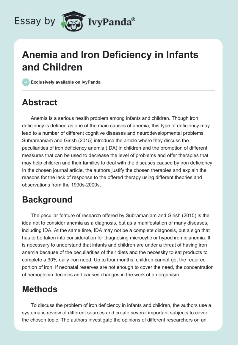 Anemia and Iron Deficiency in Infants and Children. Page 1
