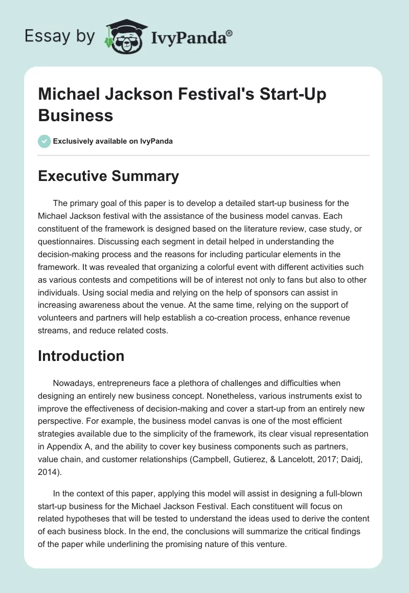 Michael Jackson Festival's Start-Up Business. Page 1