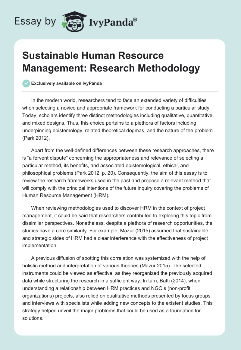 Sustainable Human Resource Management: Research Methodology. Page 1