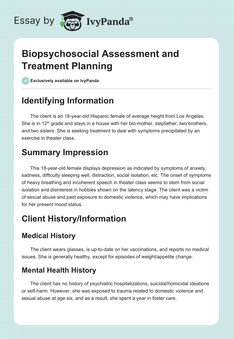 Biopsychosocial Assessment and Treatment Planning. Page 1