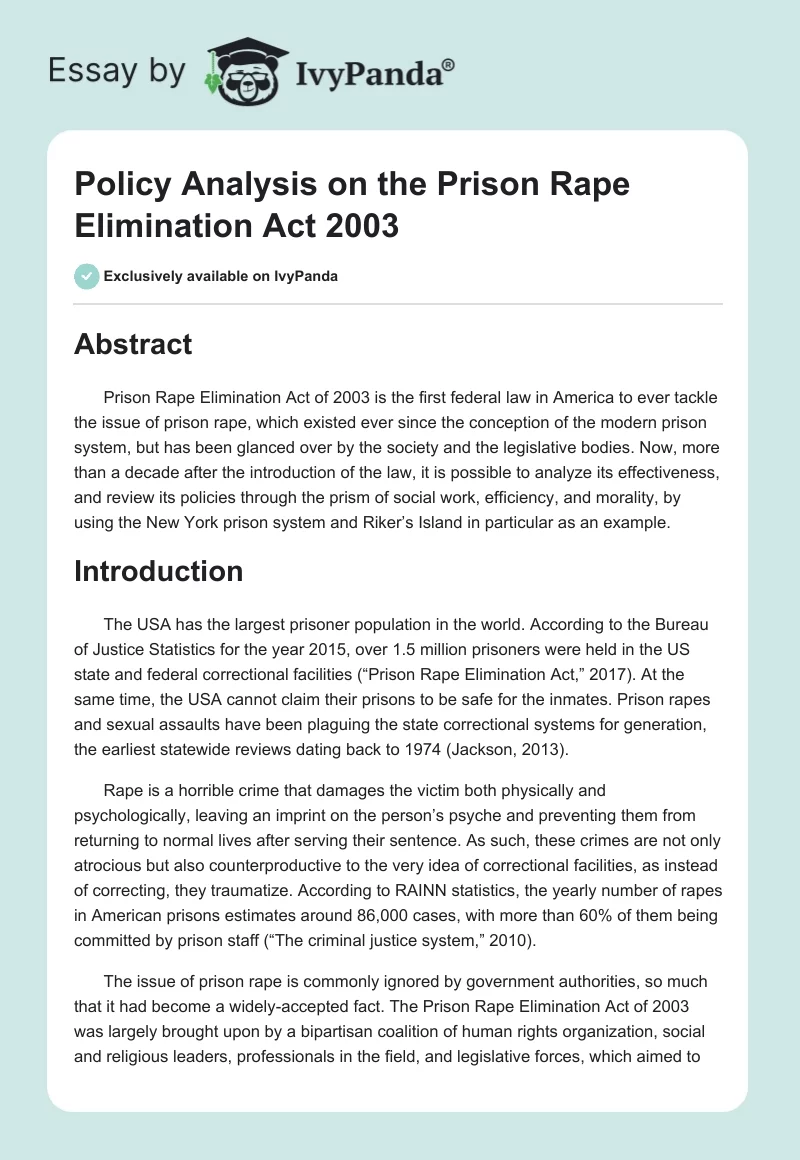 Policy Analysis on the Prison Rape Elimination Act 2003. Page 1