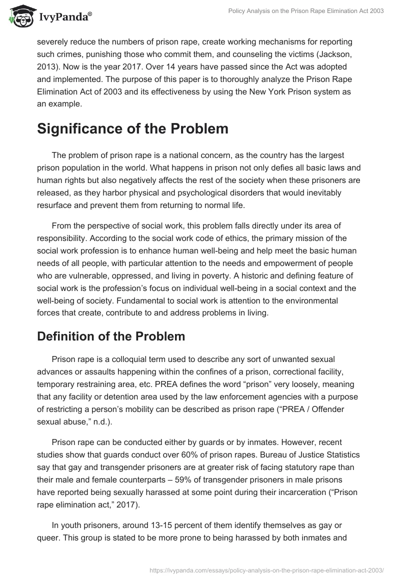 Policy Analysis on the Prison Rape Elimination Act 2003. Page 2