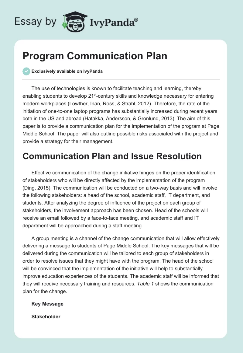 Program Communication Plan. Page 1