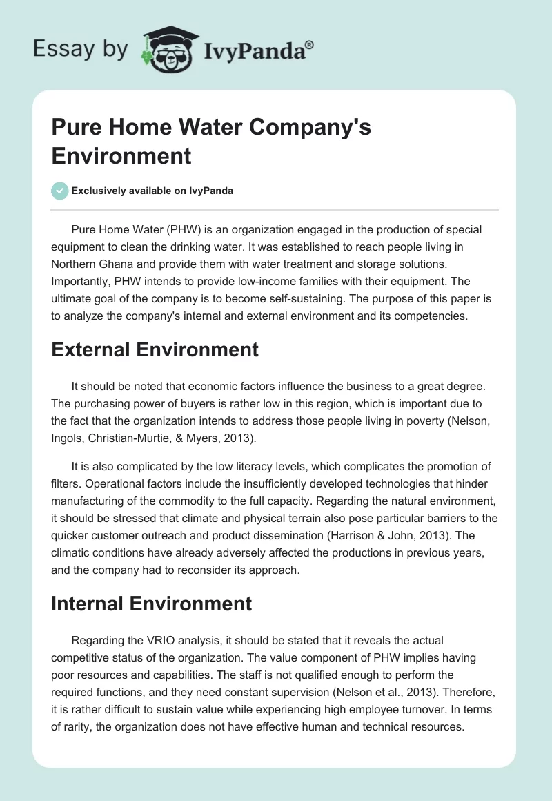 Pure Home Water Company's Environment. Page 1